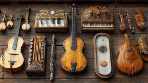 A collection of intricately designed wooden musical instruments.