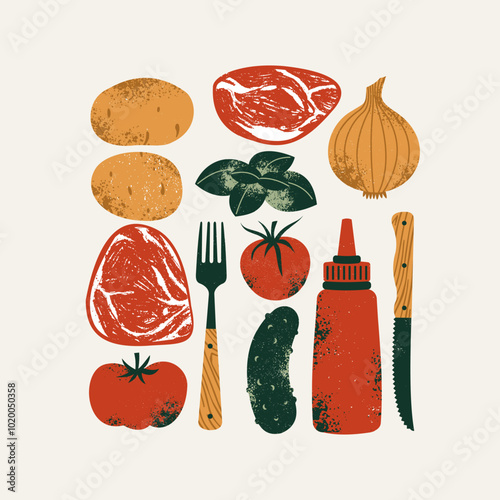 Various food ingredients collection. Raw meat with potato and tomato with cucumber and onion.