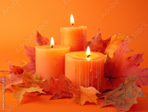 Autumn candles and leaves composition on orange background