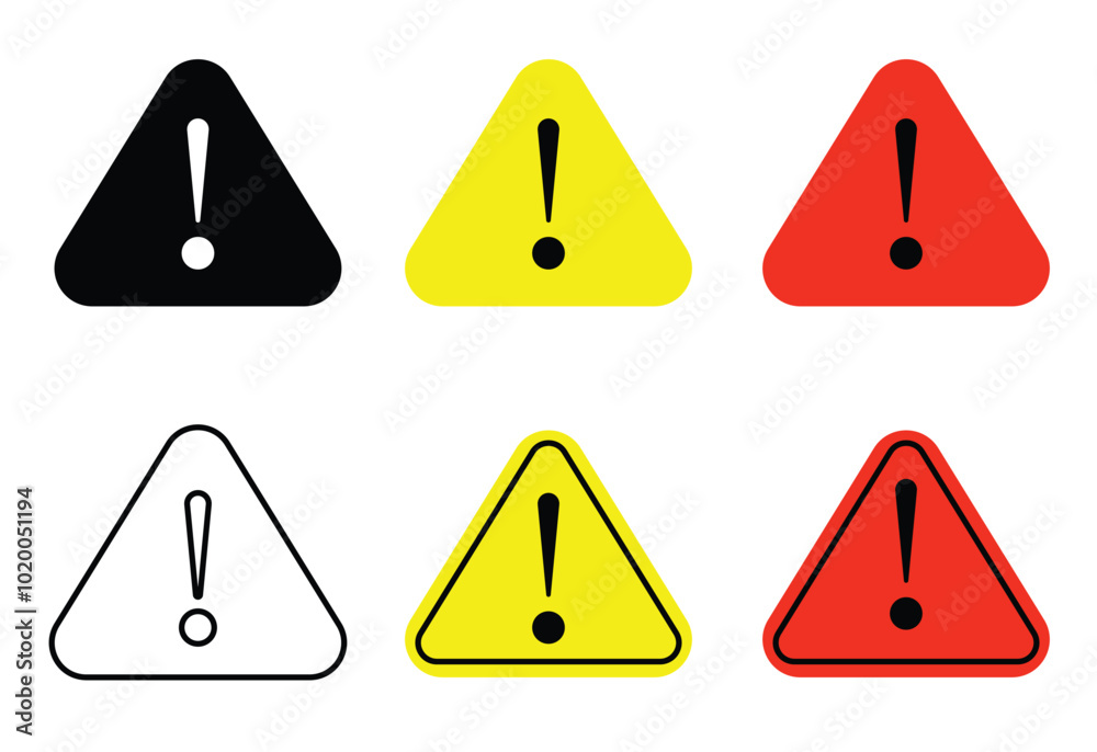 Attention Icon Set. Danger Caution or Alert Risk Warning Vector Symbol in a black filled and in colors style Attention Icon Set. Danger Caution or Alert Risk Warning Vector Symbol in a black filled and in colors style
