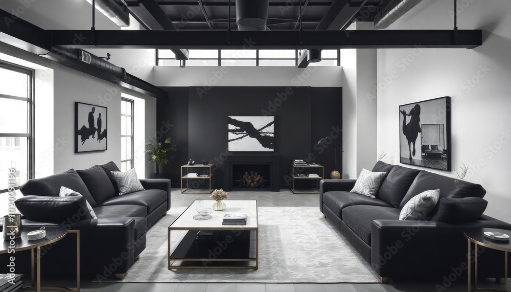 Sophisticated industrial living room with a monochromatic scheme, featuring black and gray furniture, metallic accents, and clean lines for a sleek look. Sophisticated industrial living room with a monochromatic scheme, featuring black and gray furniture, metallic accents, and clean lines for a sleek look.