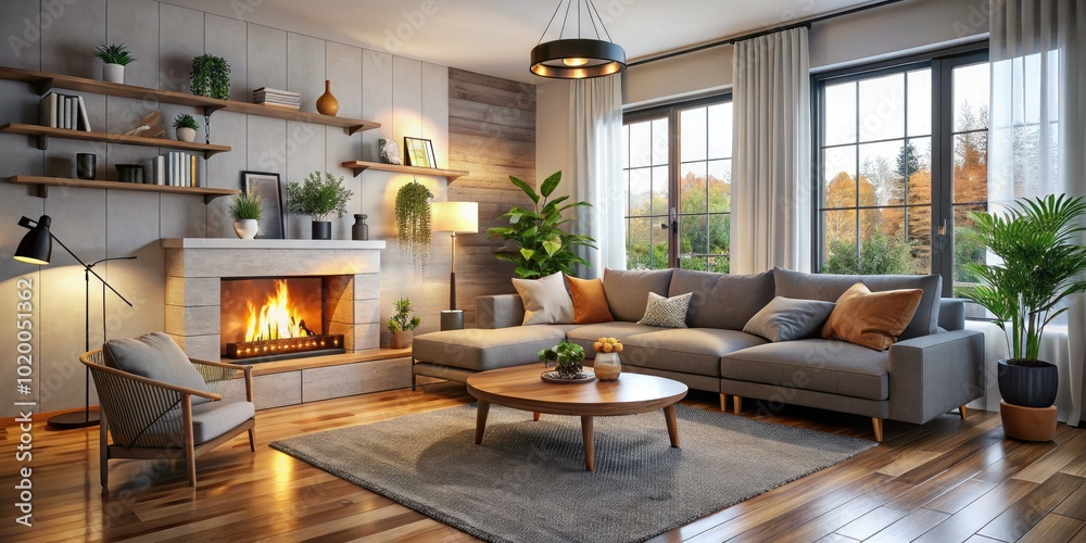 Fototapeta premium Cozy small living room showcases a corner fireplace, stylish furniture arrangement, and contemporary decor, creating an inviting space ideal for comfort and social gatherings.