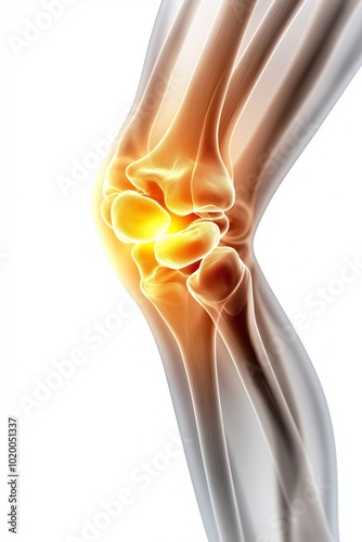 3D model of a human knee joint with highlighted inflammation in orange, showcasing the bone structure and joint details in a translucent style, focusing on medical conditions and joint pain