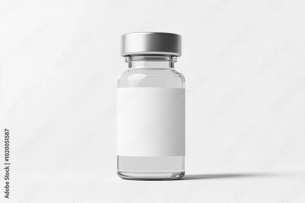 Clear glass vial with a silver cap and blank label, ideal for showcasing medicine or laboratory use. Clear glass vial with a silver cap and blank label, ideal for showcasing medicine or laboratory use.