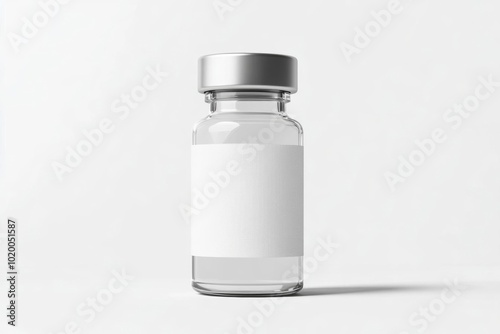 Clear glass vial with a silver cap and blank label, ideal for showcasing medicine or laboratory use.