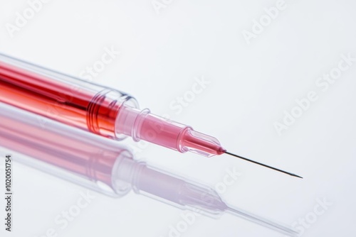 Close-up view of a syringe filled with red liquid, showcasing its fine needle and reflective surface against a clean background.