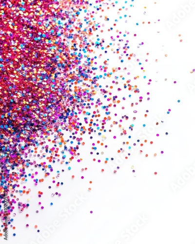 Colorful glitter scattered on a white background, perfect for arts, crafts, decorations, and celebrations.