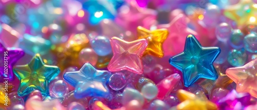 Colorful star beads scattered on a vibrant background, perfect for craft projects and creative designs.