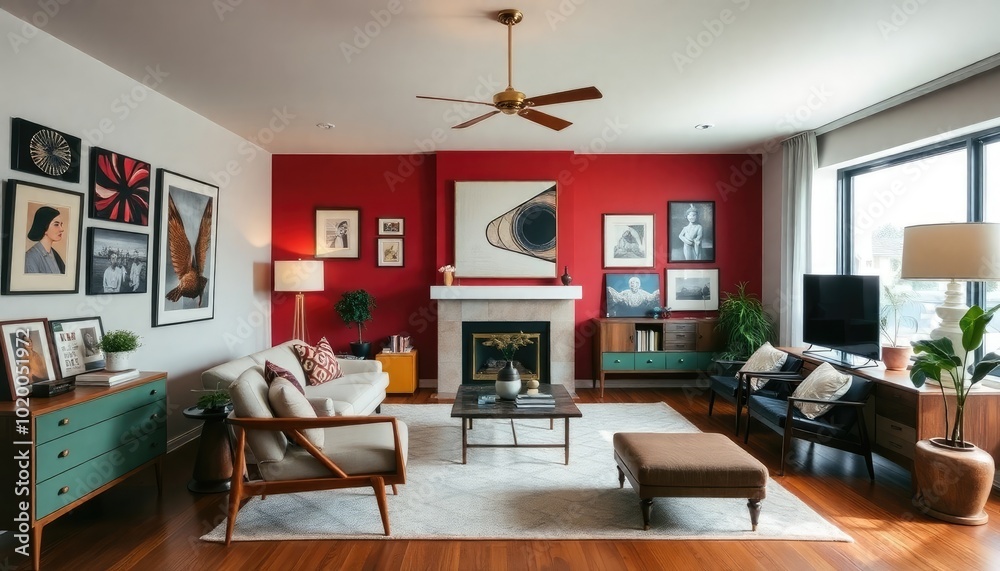 Elegant Mid-Century Modern living room with an artistic flair, featuring a bold accent wall, vintage furniture, and a carefully curated collection of artwork. Elegant Mid-Century Modern living room with an artistic flair, featuring a bold accent wall, vintage furniture, and a carefully curated collection of artwork.