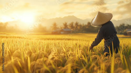 person in straw hat working in rice fields during sunset, surrounded by golden rice and mountains in background, creating serene and peaceful atmosphere