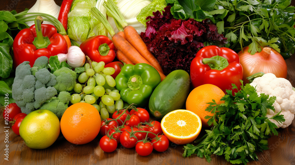 Close-up of vibrant fresh vegetables and fruits on wooden table, symbolizing healthy blood pressure foods, emphasizing natural nutrition and wellness. Close-up of vibrant fresh vegetables and fruits on wooden table, symbolizing healthy blood pressure foods, emphasizing natural nutrition and wellness.