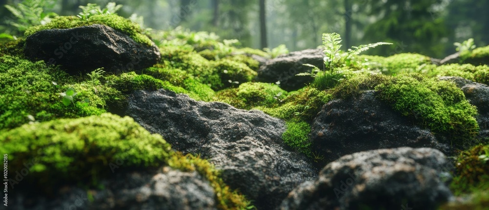 Lush green moss covers rugged rocks in a serene forest setting, creating a peaceful and natural ambiance. Lush green moss covers rugged rocks in a serene forest setting, creating a peaceful and natural ambiance.