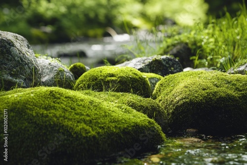 Lush green moss covering smooth stones near a tranquil stream, showcasing nature's beauty and serenity in a peaceful landscape.