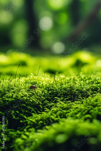 Lush green moss covers the forest floor, creating a serene and tranquil atmosphere. Perfect for nature and landscape themes.