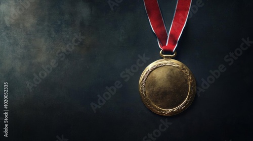 Shiny gold medal with red ribbon against a dark background, symbolizing achievement and victory.