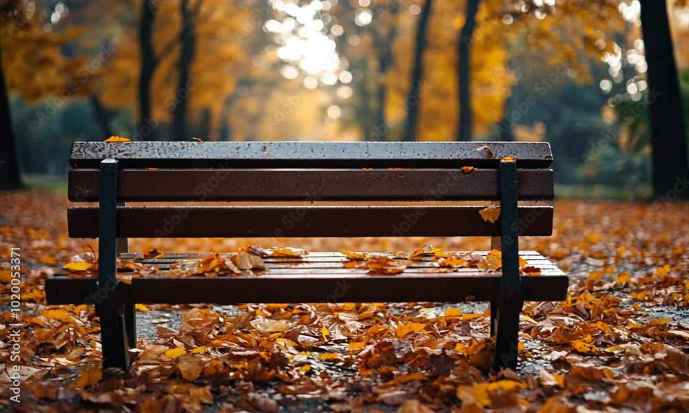 A tranquil park bench surrounded by autumn leaves.