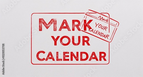 mark your calendar red stamp lettering on plain white background