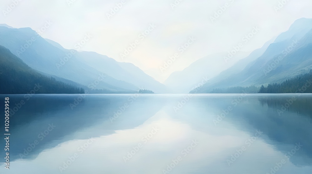 Misty mountains reflected in still lake. Misty mountains reflected in still lake.