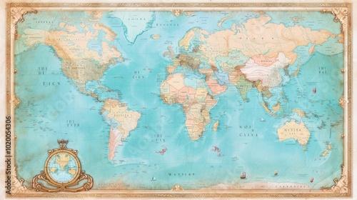 Wallpaper Mural Vintage Map with Ornate Watercolor Border Design Torontodigital.ca