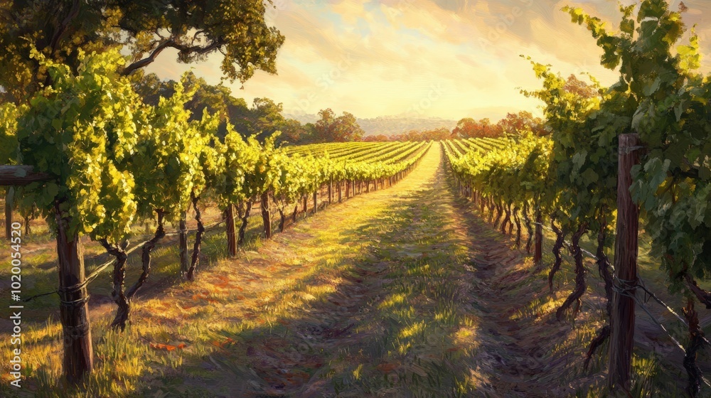 Naklejka premium Vineyard rows bathed in golden sunlight.