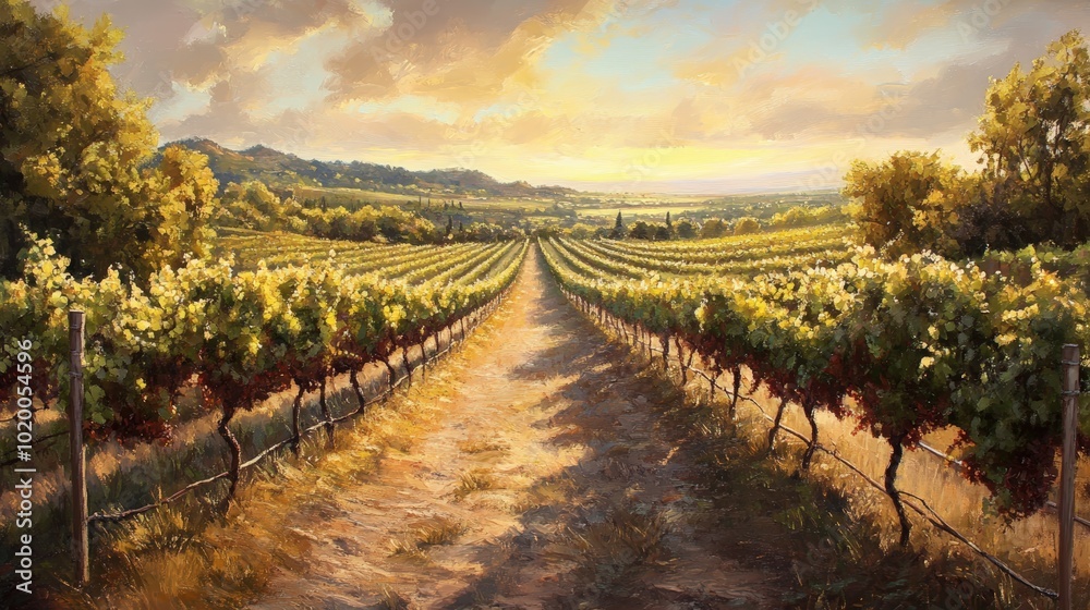 Naklejka premium Vineyard path under golden sunset sky.