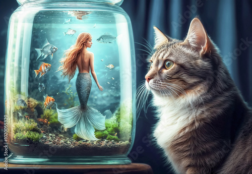 Un adorable chat captivé par une jolie petite sirène dans un aquarium, poissons, algues , arrière plan bleu foncé flouté, mignon, amusant, original