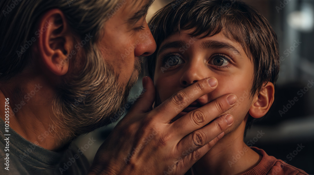 Close-Up of Father Holding Son’s Face in Silence Close-Up of Father Holding Son’s Face in Silence