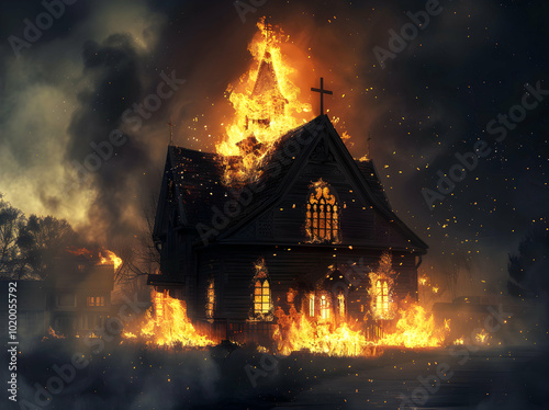 Church in Flames: A Haunting Scene of Destruction at Night 