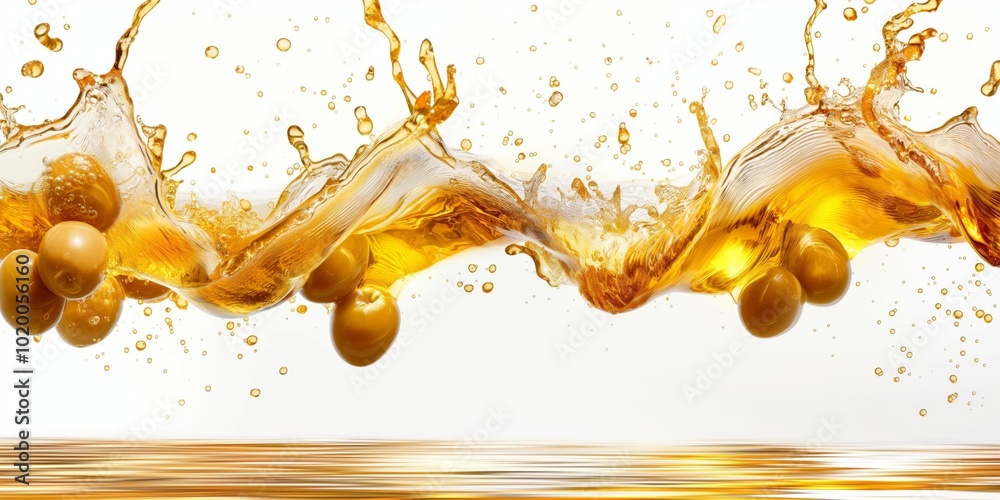 Golden olive oil splashing with green olives on a white background, capturing a dynamic and fresh scene with vibrant liquid movement and bubbles, highlighting the purity and richness of the oil Golden olive oil splashing with green olives on a white background, capturing a dynamic and fresh scene with vibrant liquid movement and bubbles, highlighting the purity and richness of the oil