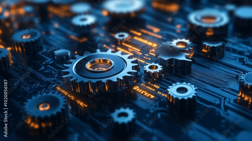Digital gears blending with computer circuitry, symbolizing seamless collaboration between business operations and technology. Digital gears blending with computer circuitry, symbolizing seamless collaboration between business operations and technology.