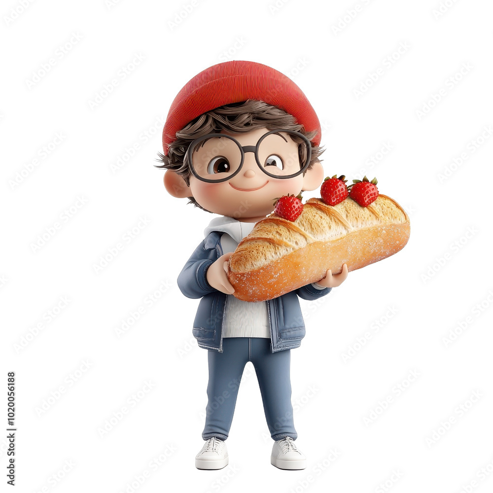A 3D cartoon character holding a strawberry French bread loaf, isolated on a white background, with playful details and vibrant colors. cutout png A 3D cartoon character holding a strawberry French bread loaf, isolated on a white background, with playful details and vibrant colors. cutout png