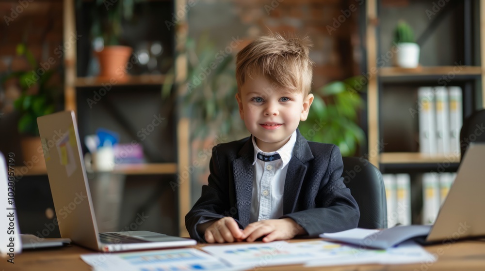 Confident Child Pretending to Be CEO in Office Setting