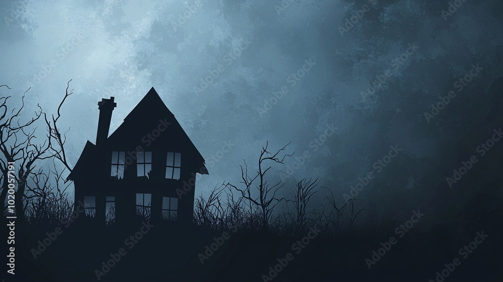A spooky silhouette of a haunted dwelling against a shadowy backdrop, perfect for Halloween-inspired posters or mockup designs. A spooky silhouette of a haunted dwelling against a shadowy backdrop, perfect for Halloween-inspired posters or mockup designs.
