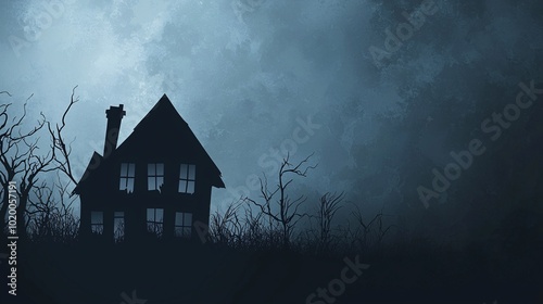 A spooky silhouette of a haunted dwelling against a shadowy backdrop, perfect for Halloween-inspired posters or mockup designs.