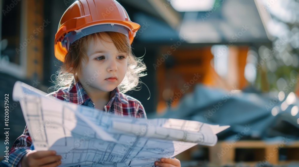 Child in Hard Hat Examining Construction Plans Child in Hard Hat Examining Construction Plans