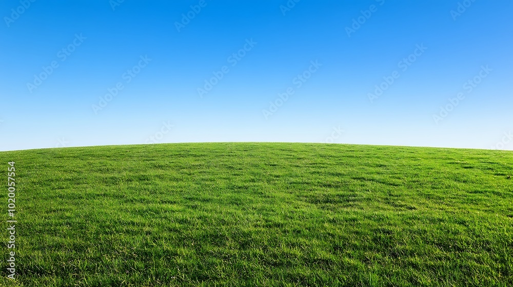 Naklejka premium Expansive green field of lush grass stretching to the horizon, creating a peaceful, natural landscape perfect for outdoor and nature scenes.