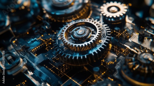 Mechanical gears surrounded by intricate circuit lines, representing the convergence of traditional business processes and modern technology.