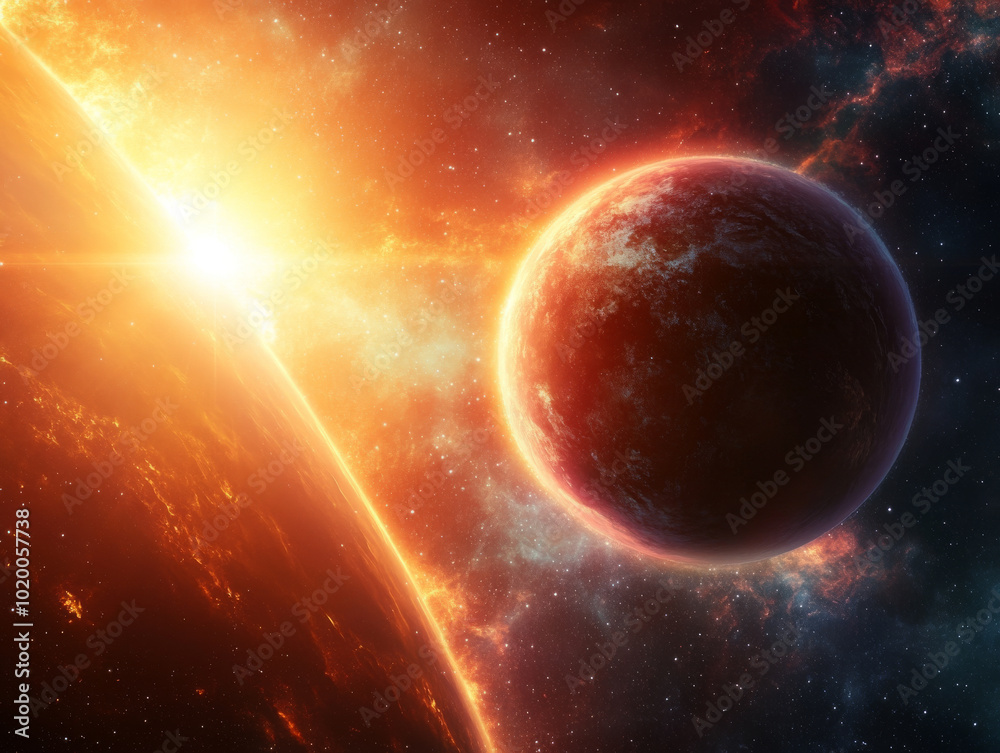 Obraz premium A distant exoplanet orbiting a bright star, as seen through a powerful space telescope.