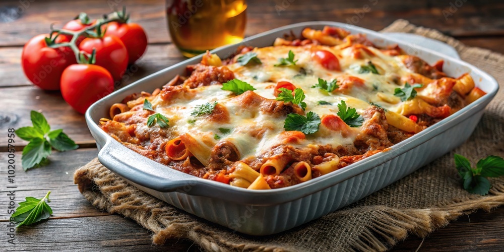 Baked pasta dish with layers of pasta, tomato sauce, cheese, and meat Baked pasta dish with layers of pasta, tomato sauce, cheese, and meat