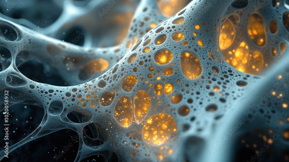 Organic 3D structure with glowing particles and intricate, web-like designs, evoking a sense of futuristic biology.