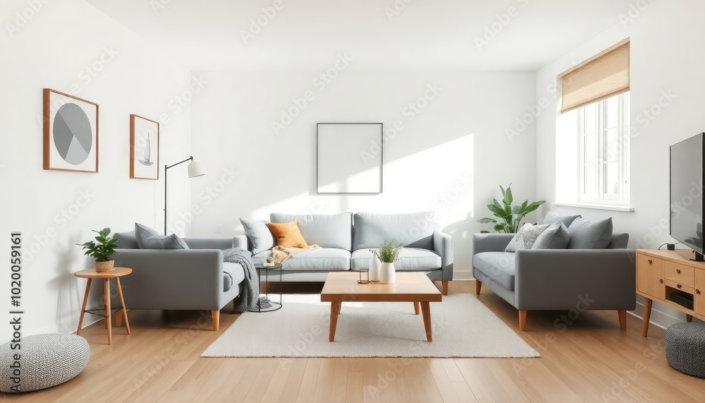 Minimalist living room with light purple sofa and wooden table on rug Minimalist living room with light purple sofa and wooden table on rug