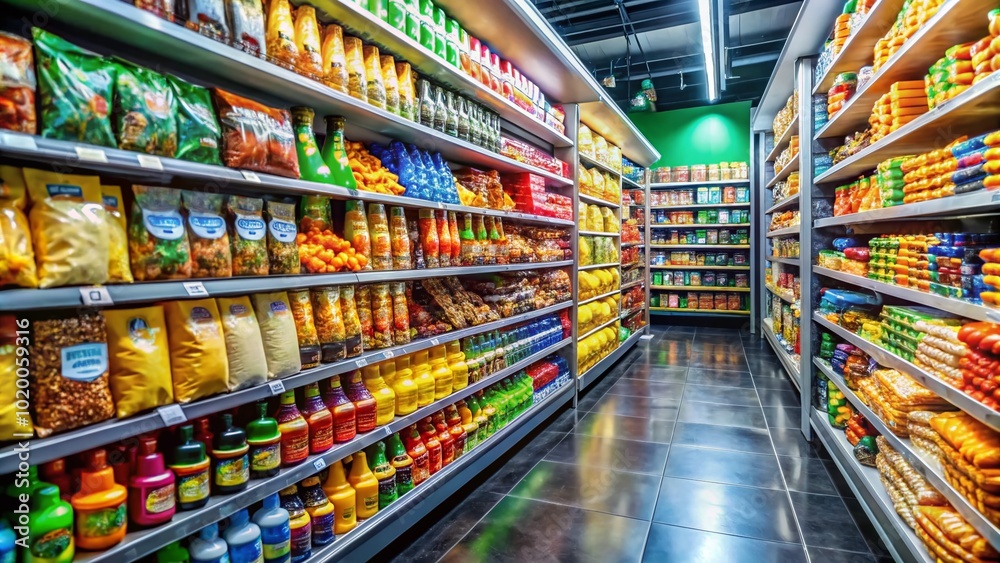 Fototapeta premium Vibrant and Colorful Shelves Filled with Assorted Snacks and Beverages in a Convenience Store Aisle
