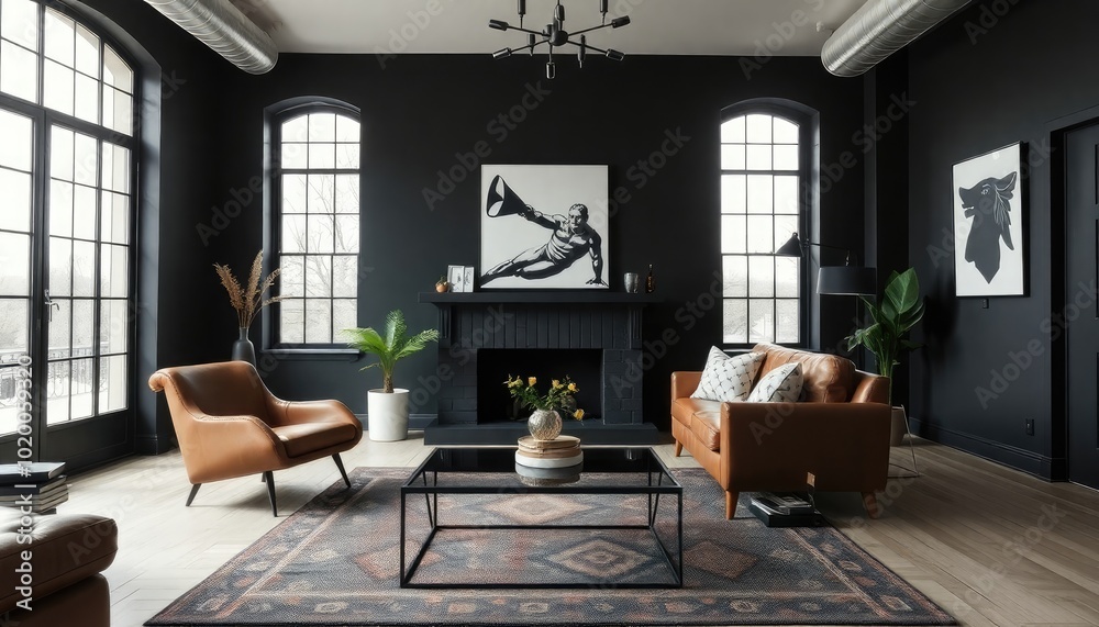 Chic industrial living room with a monochrome palette, featuring black walls, a vintage leather armchair, and a metal coffee table with a glass top. Large windows flood the space with light. Chic industrial living room with a monochrome palette, featuring black walls, a vintage leather armchair, and a metal coffee table with a glass top. Large windows flood the space with light.