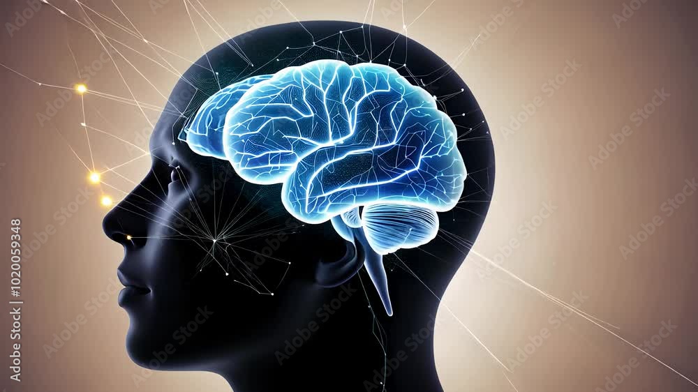  Silhouette of Human Head with Glowing Brain and Neural Connections