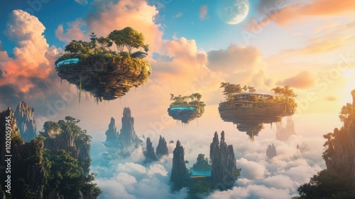 Surreal 3D landscape with floating islands and futuristic architecture, set against a vibrant, digital backdrop. photo