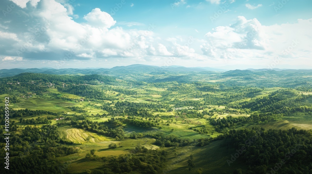 Naklejka premium Rolling hills and green forests under a cloudy sky.