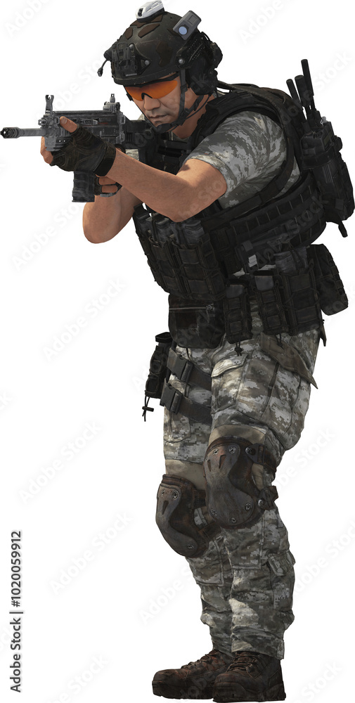 army soldier with goggles and rifle firing at the target terror attack assassination 3d render army soldier with goggles and rifle firing at the target terror attack assassination 3d render