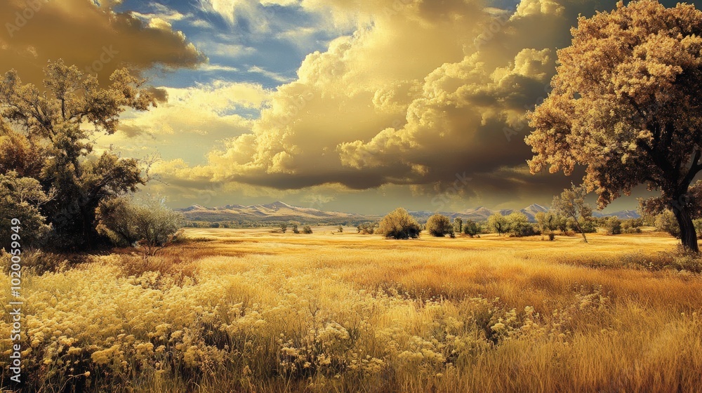 Golden meadow with trees and mountains in the background. Golden meadow with trees and mountains in the background.