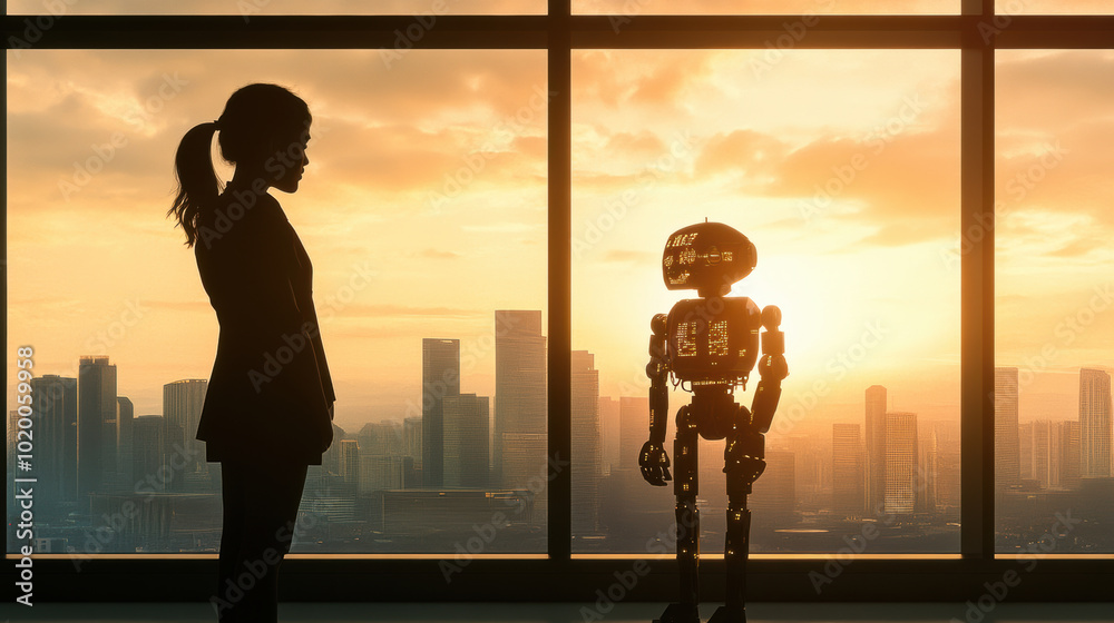 woman standing beside robot, both watching sunset over city skyline, creating sense of wonder and connection woman standing beside robot, both watching sunset over city skyline, creating sense of wonder and connection