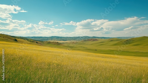 Rolling hills, green fields, blue sky, white clouds.